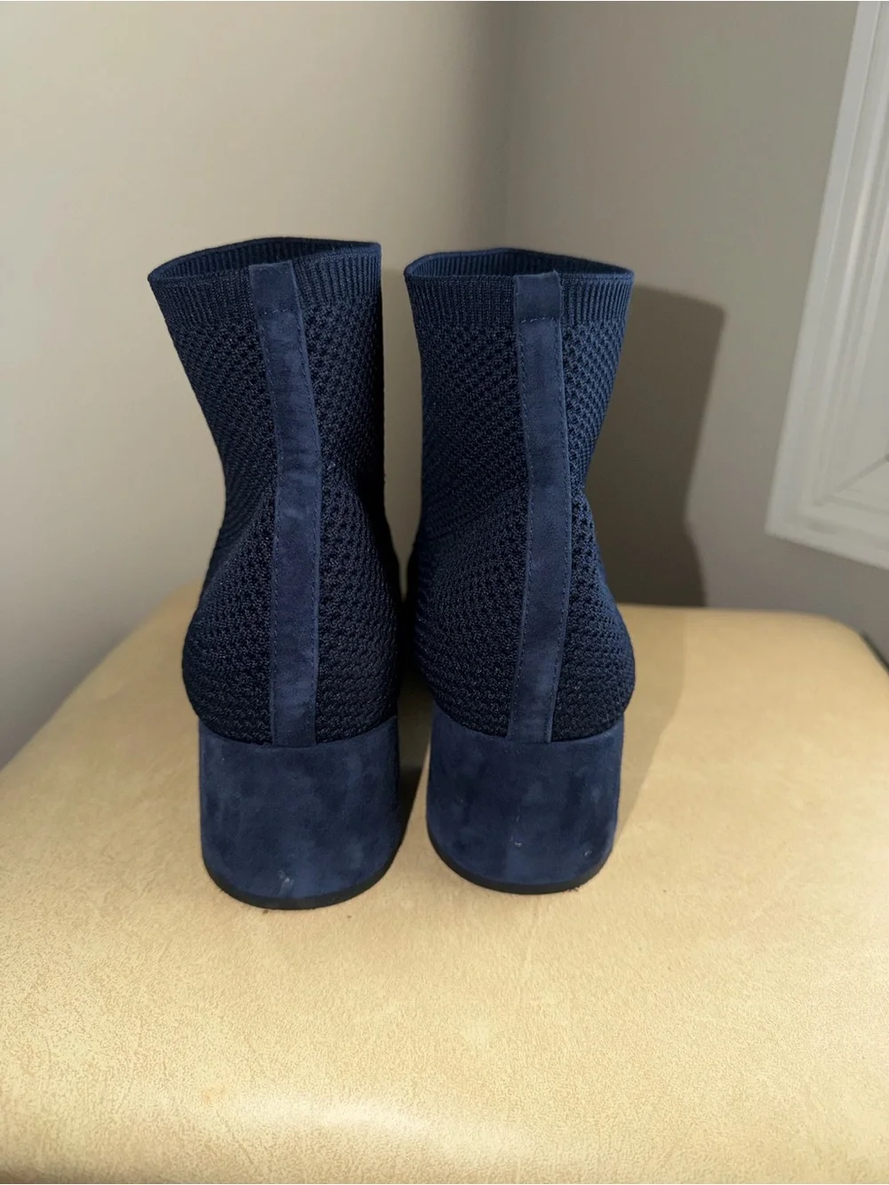 Eileen Fisher Navy Knit Sock Ankle Boots Size 10 Block Heel Pointed Toe Stretch